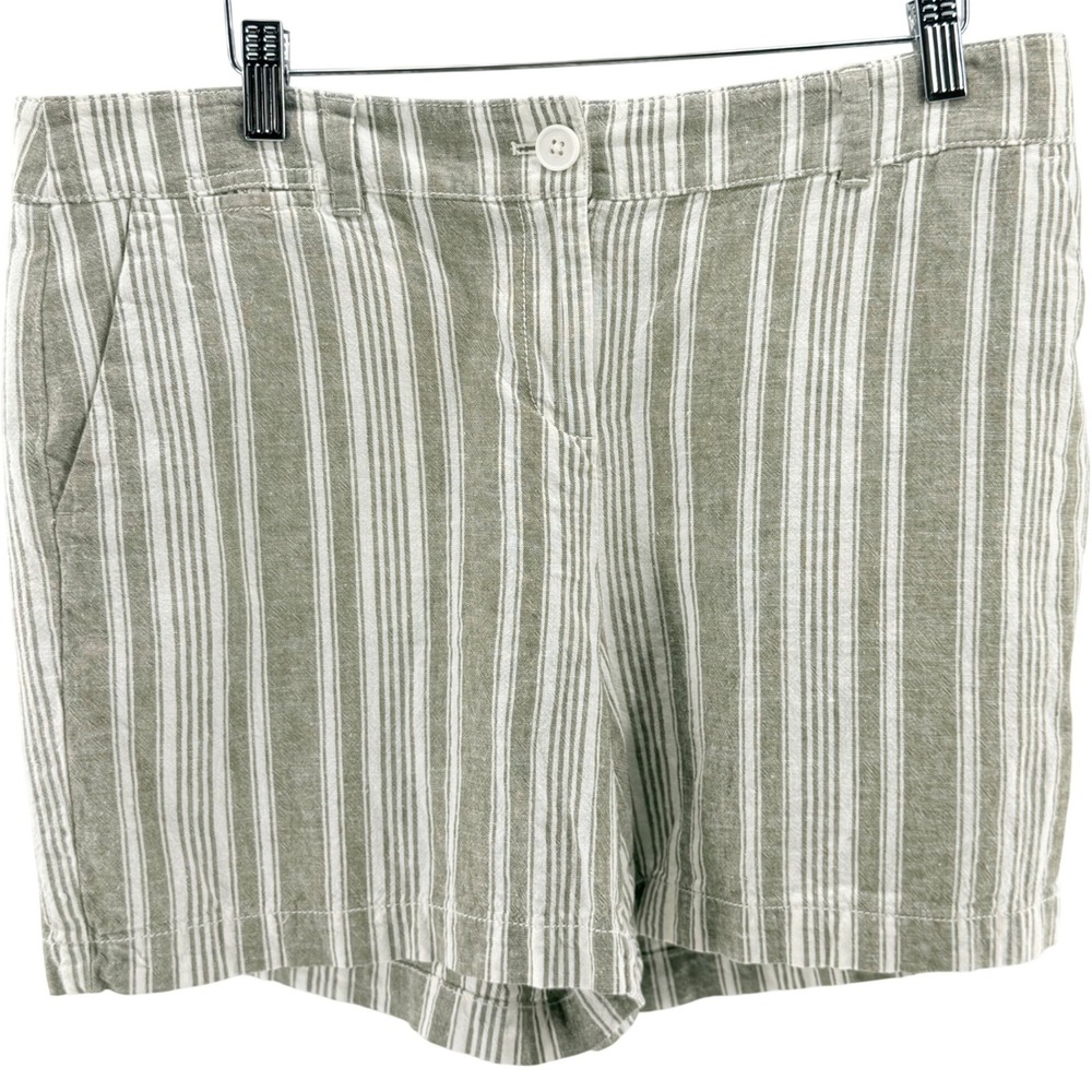 LOFT Women 10 Shorts Olive Green Striped Linen Cotton Blend Coastal Summer Beach